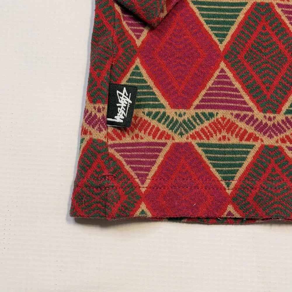 Stussy Sweater Mens Small Red Geometric Knit Crewneck Pullover Cotton Casual